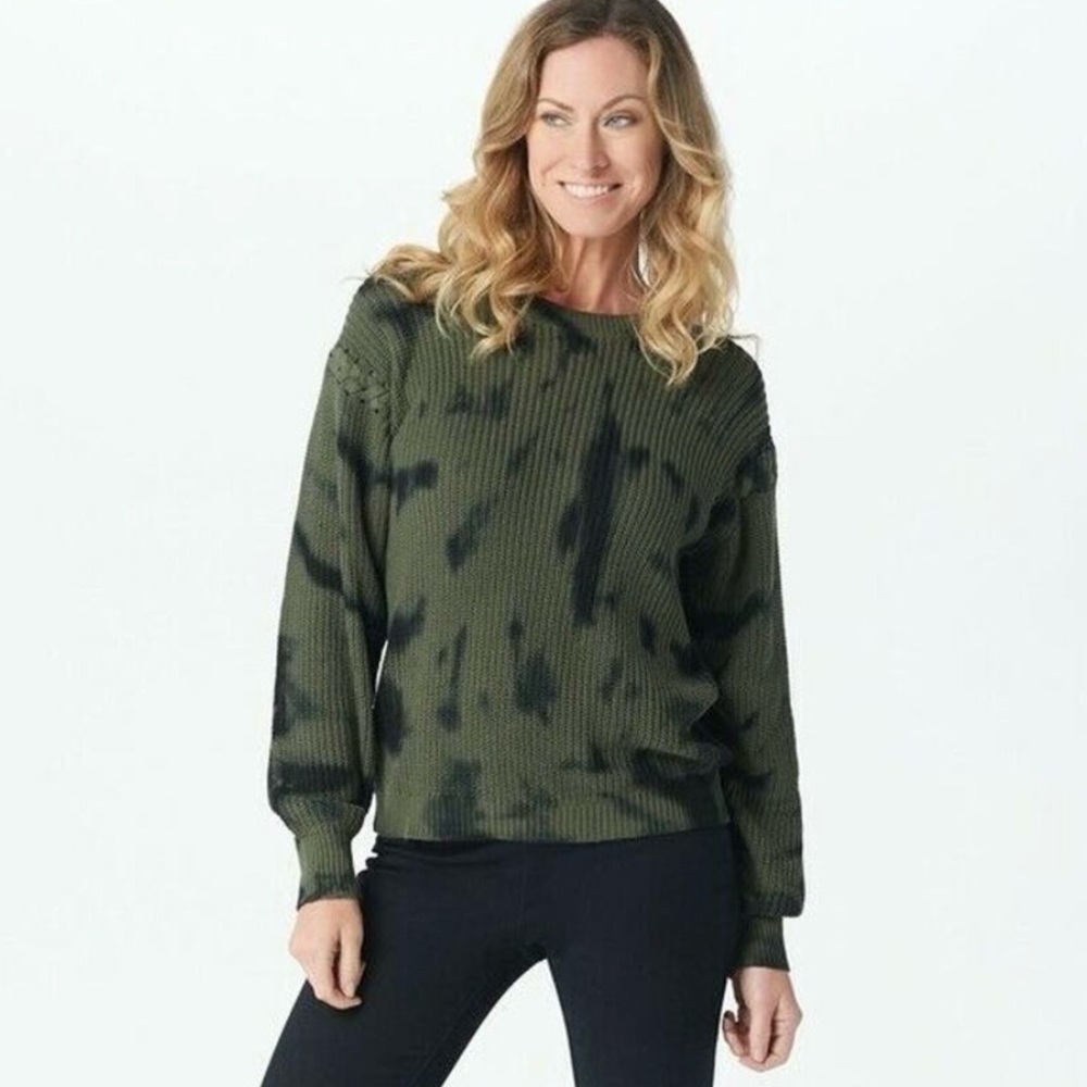 Lisa Rinna Collection Black Green Sweater Tie Dye Lace Up Knit Pullover Sz Sm